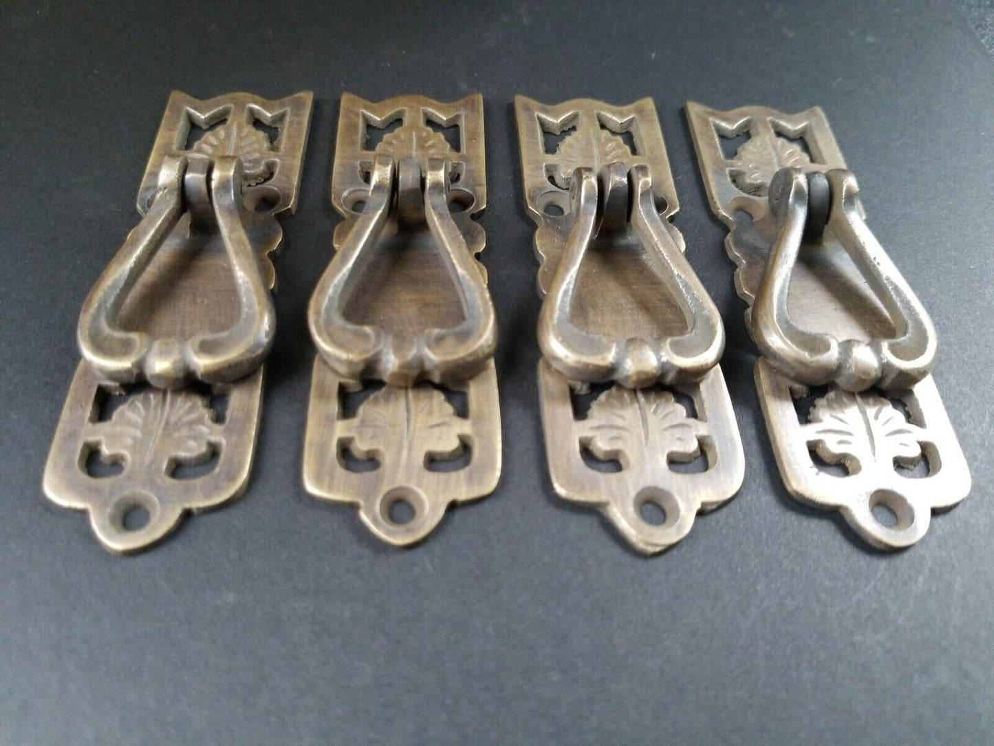 4 Ornate Leaf Vict. Style Brass pendant Handle drawer pulls 3-3/8" #H21