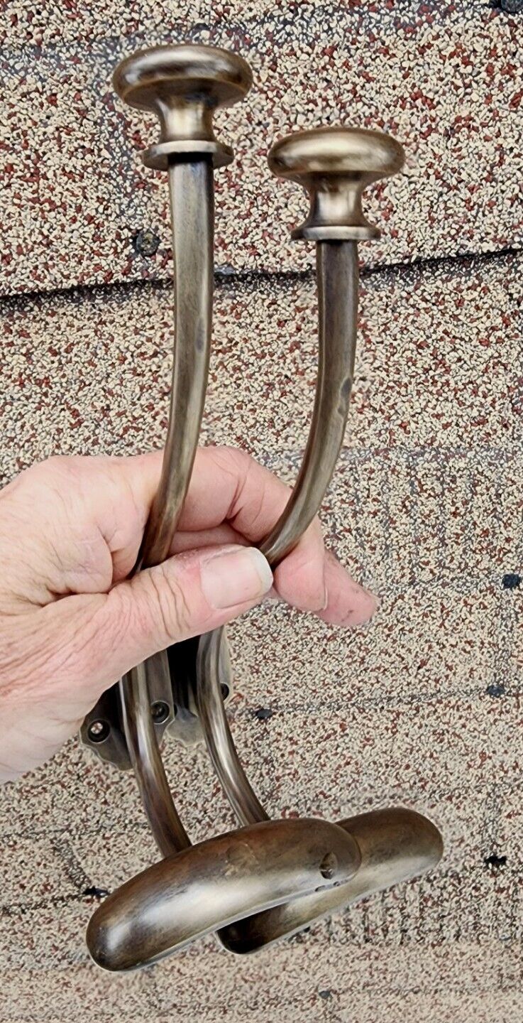 1 x Large Antique Style Solid Brass Wall Mount double Hook Coat / Hat Rack #Q10