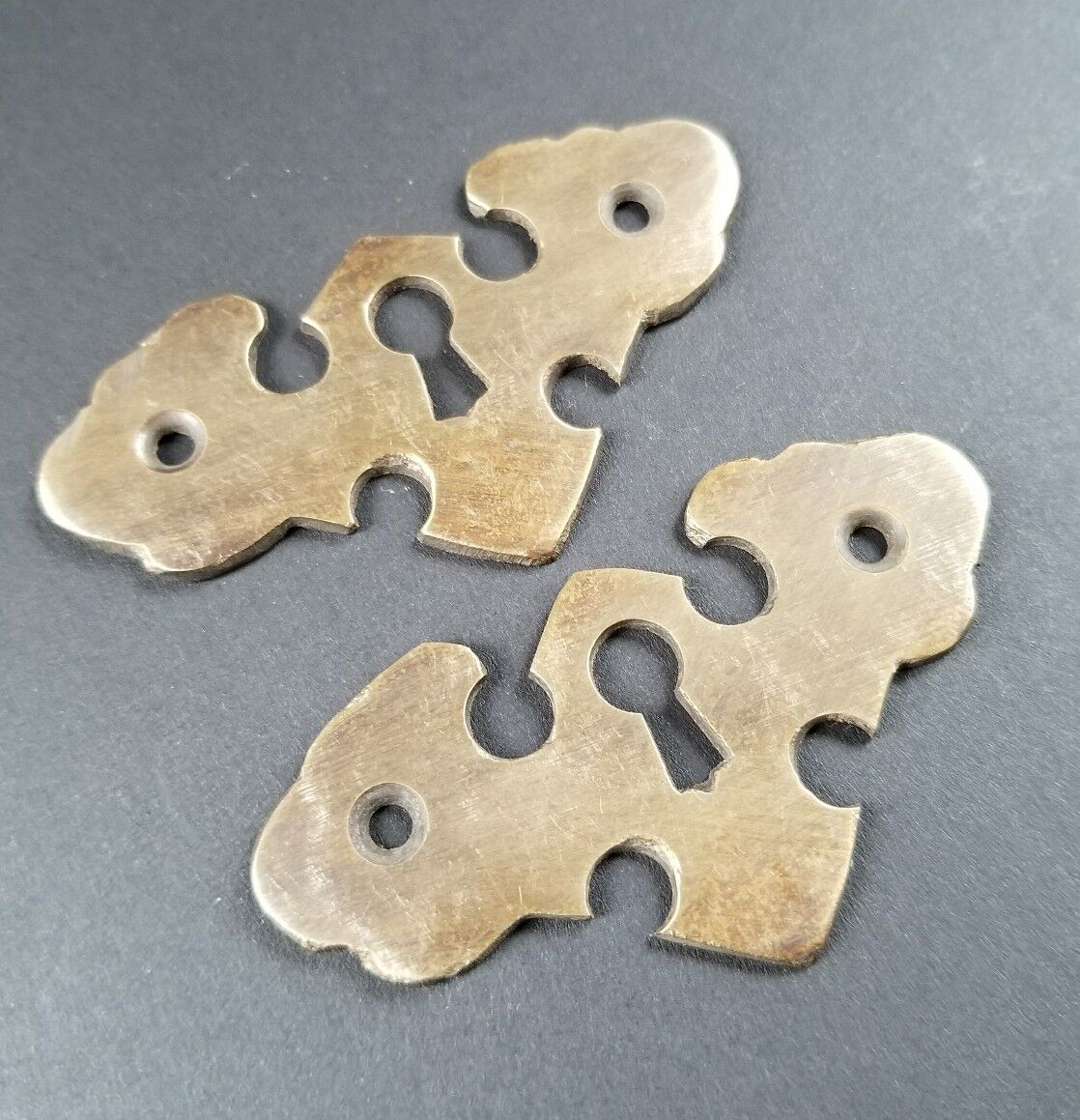 2 Vintage Antique Ornate Brass Escutcheons Keyhole Covers 2 1/2" wide #E17