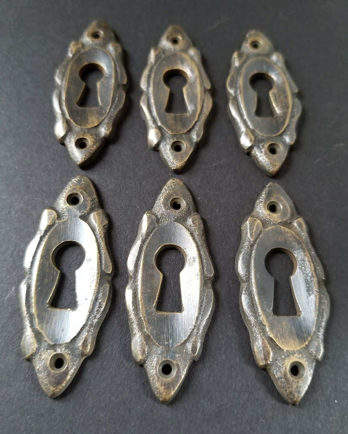 6 Vintage Antique Style Eschutcheons Key Hole Ornate Brass 2" jewelry parts #E4
