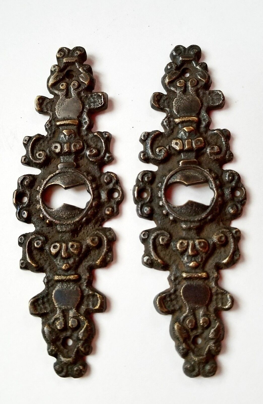 2 Antique Brass Keyhole French Escutcheons Hardware Ornate Keyhole 4-1/4" #E8