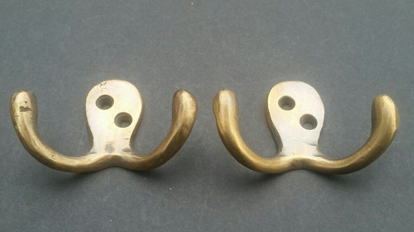 2 Small Double Coat Hat Hooks Solid Brass Antique Vintage style 2 1/2" #C1