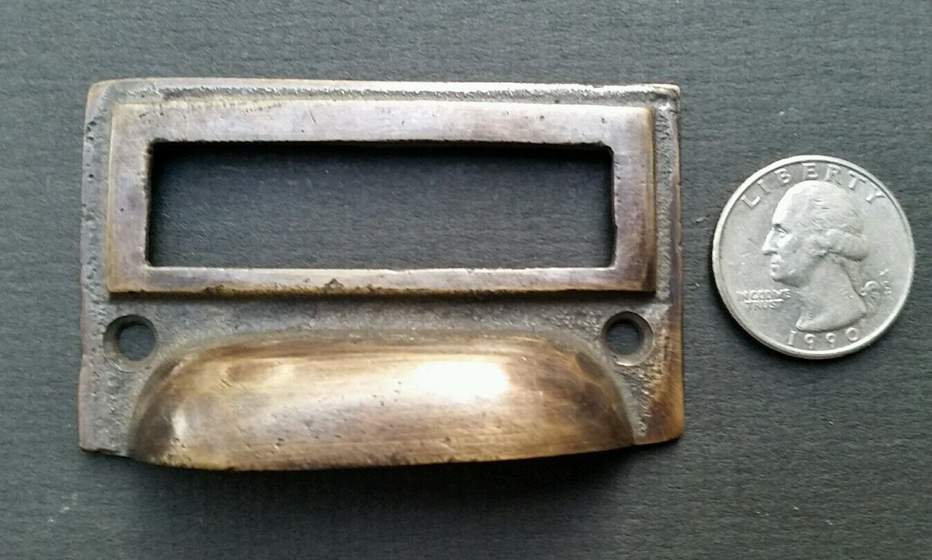 4 tarnished brass File Apothecary drawer pull Handles 2 3/4"w. Label holders #F1