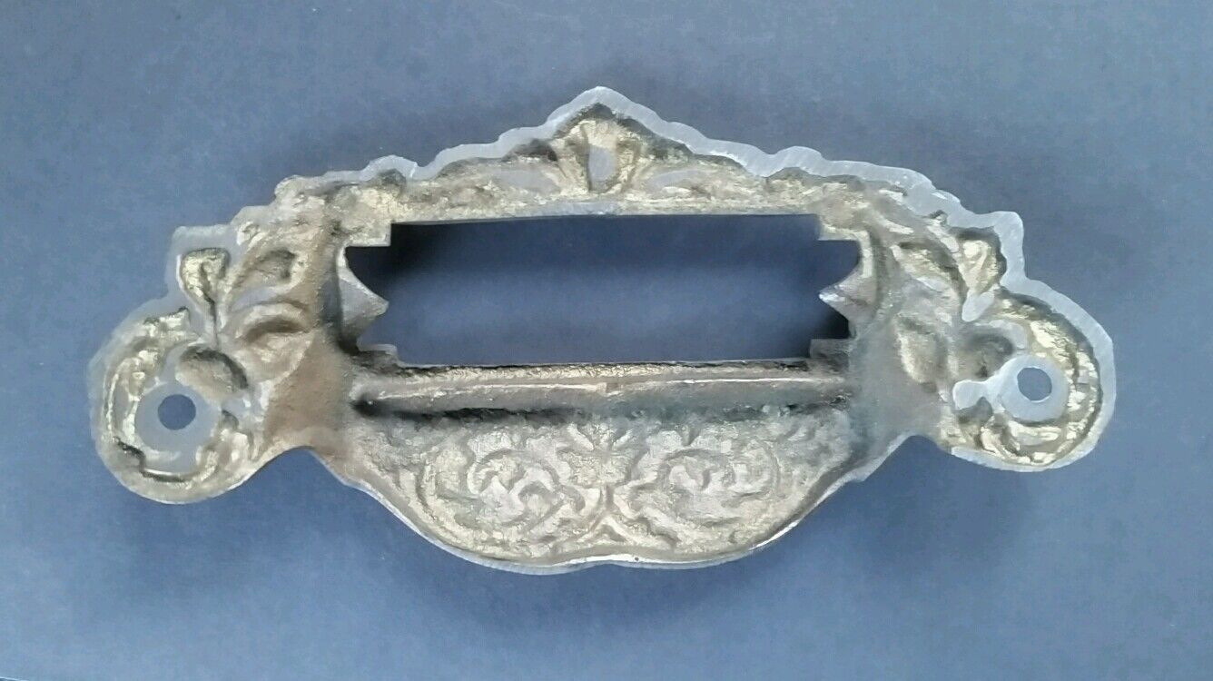 4 Victorian Antique Style Apothecary Bin Pull Handles w.label holder 3-3/4"c #A7
