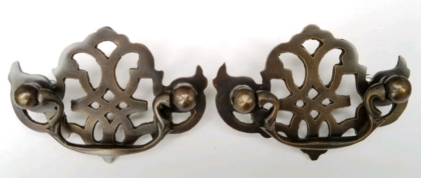 2 Solid Brass American Chippendale BAT WING Drawer Pulls handles Vtg Style #Z3