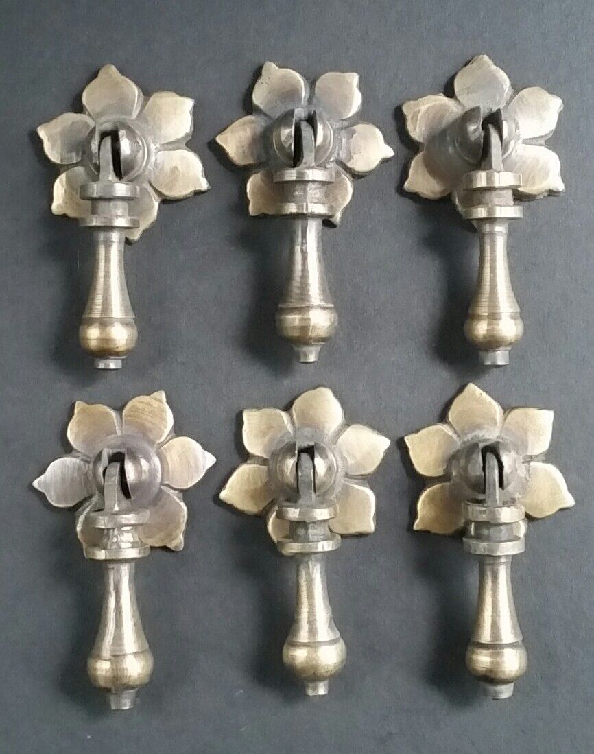 6 Antique Tear Drop Pendant Brass Handle Pulls w. screws Floral Back 2-1/2"l #H4