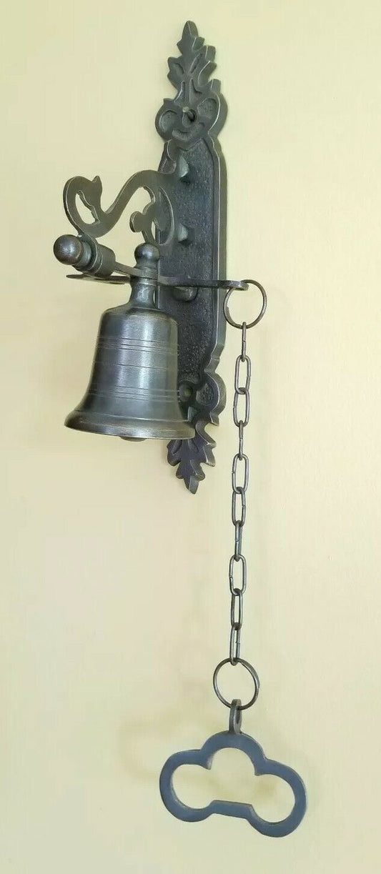 Antiqued Brass Pull Door Bell w. Chain Vintage Style 8" Gate, Service Bell #Z79