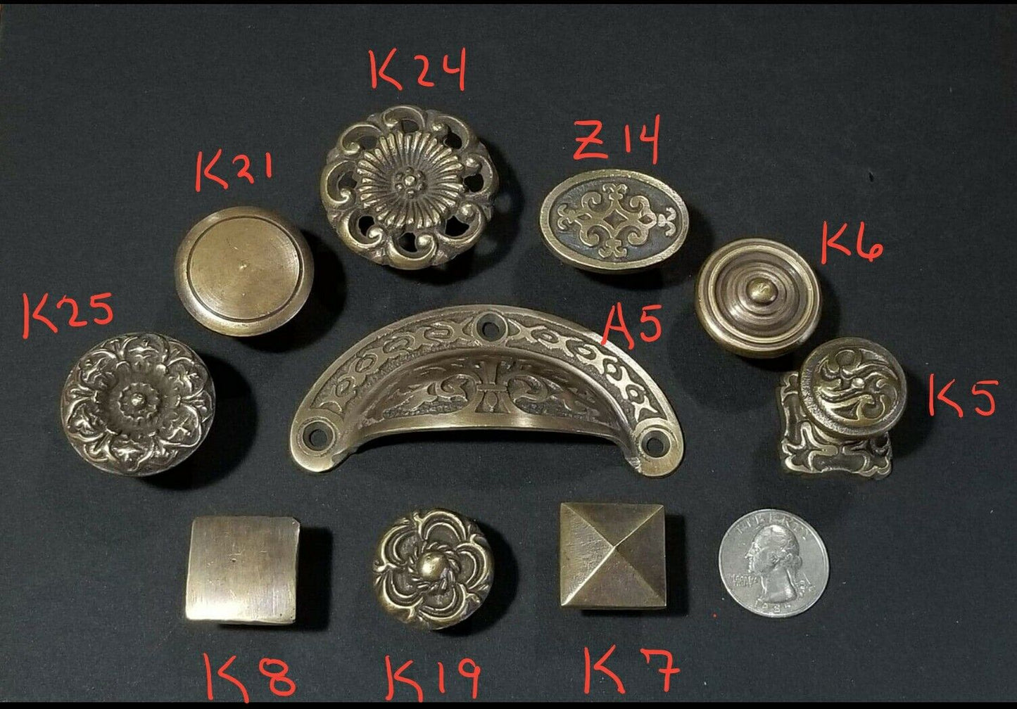 4 Antique vtg. Style Victorian Brass Apothecary Bin Pulls Handles 3" cntr. #A5