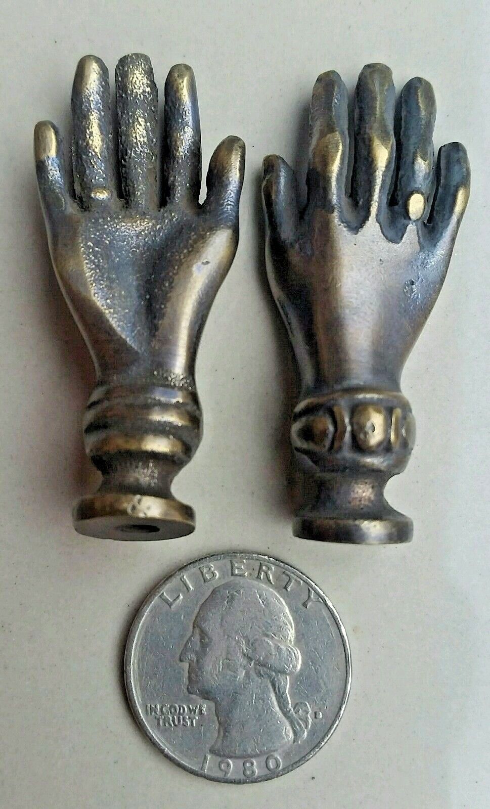 4 BRASS ANTIQUE Vtg style LADIES dainty HANDS Cabinet Drawer Knob Pull 2" #K12