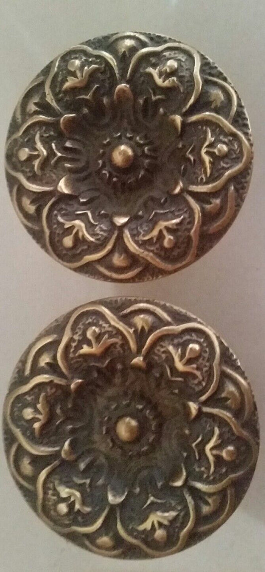 2 ANTIQUE Style SOLID BRASS SCREW ON LARGE ROUND KNOBS FLORAL DESIGN 2" dia #Z27