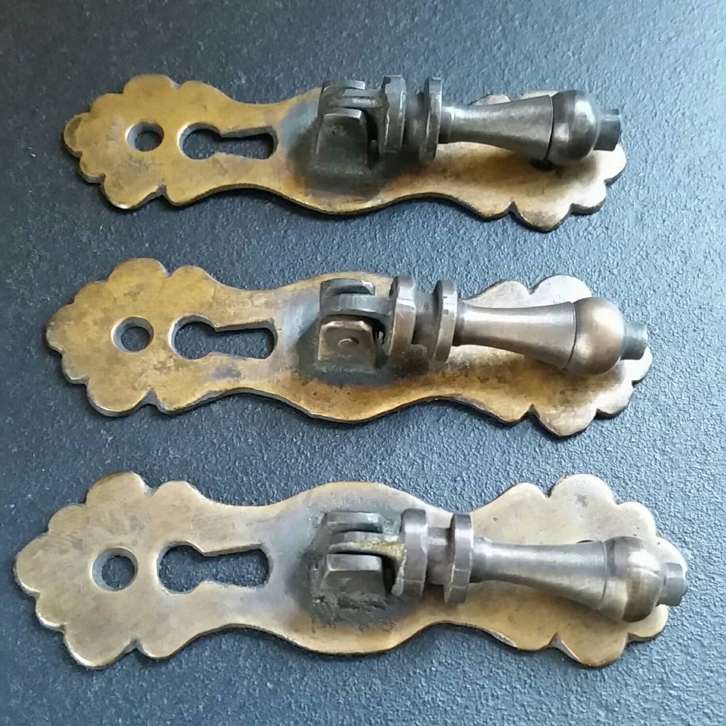 6 Handles with Teardrop Pendant Pulls and Escutcheon Key Holes, Cabinet, Solid Brass 3 3/4" long #H1