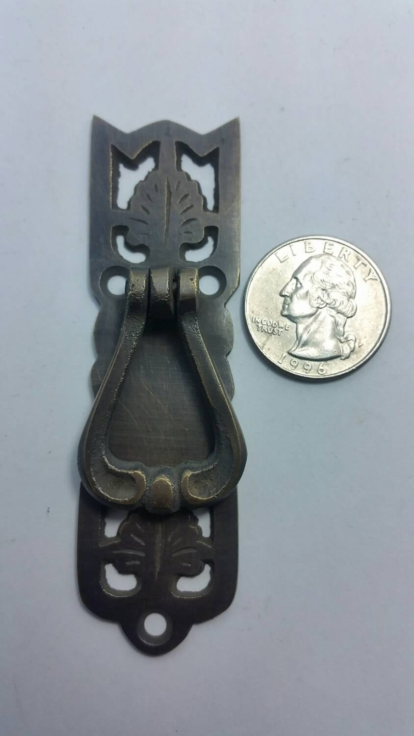 4 Vertical Handles w. Ring Pull Leaf Design Arts and Crafts 3 3/8" #H21