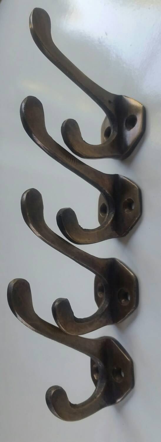 4 Antique Vintage Solid Brass Coat, Hat, Towel Double Hooks with 6 sided backplate 2 1/4" long #C3