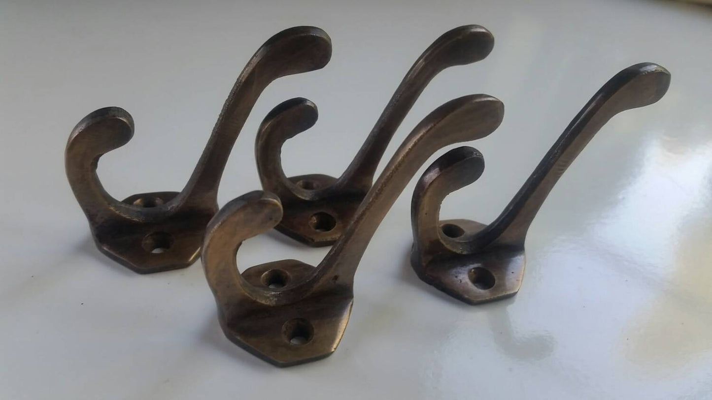 4 Antique Vintage Solid Brass Coat, Hat, Towel Double Hooks with 6 sided backplate 2 1/4" long #C3