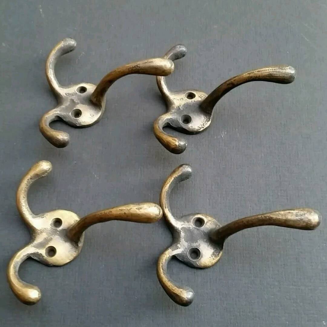 Set of 4 antique tarnished solid brass triple Coat Hat Towel Hooks Solid Brass 3 3/8" long #C2