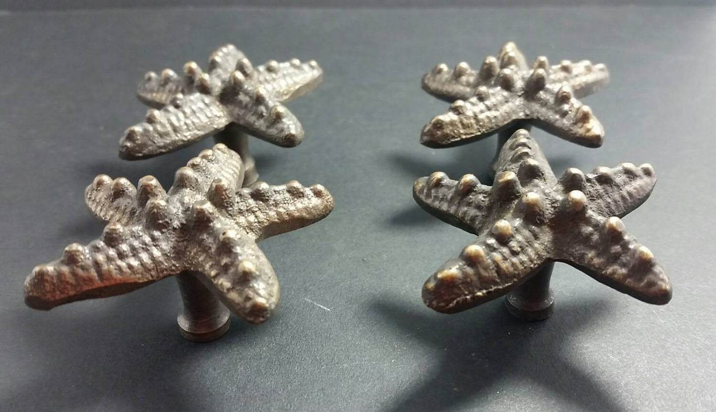 4 Starfish Knobs Handles Pulls , Solid Brass 2" Beach, Ocean, Seaside, Nautical #K9