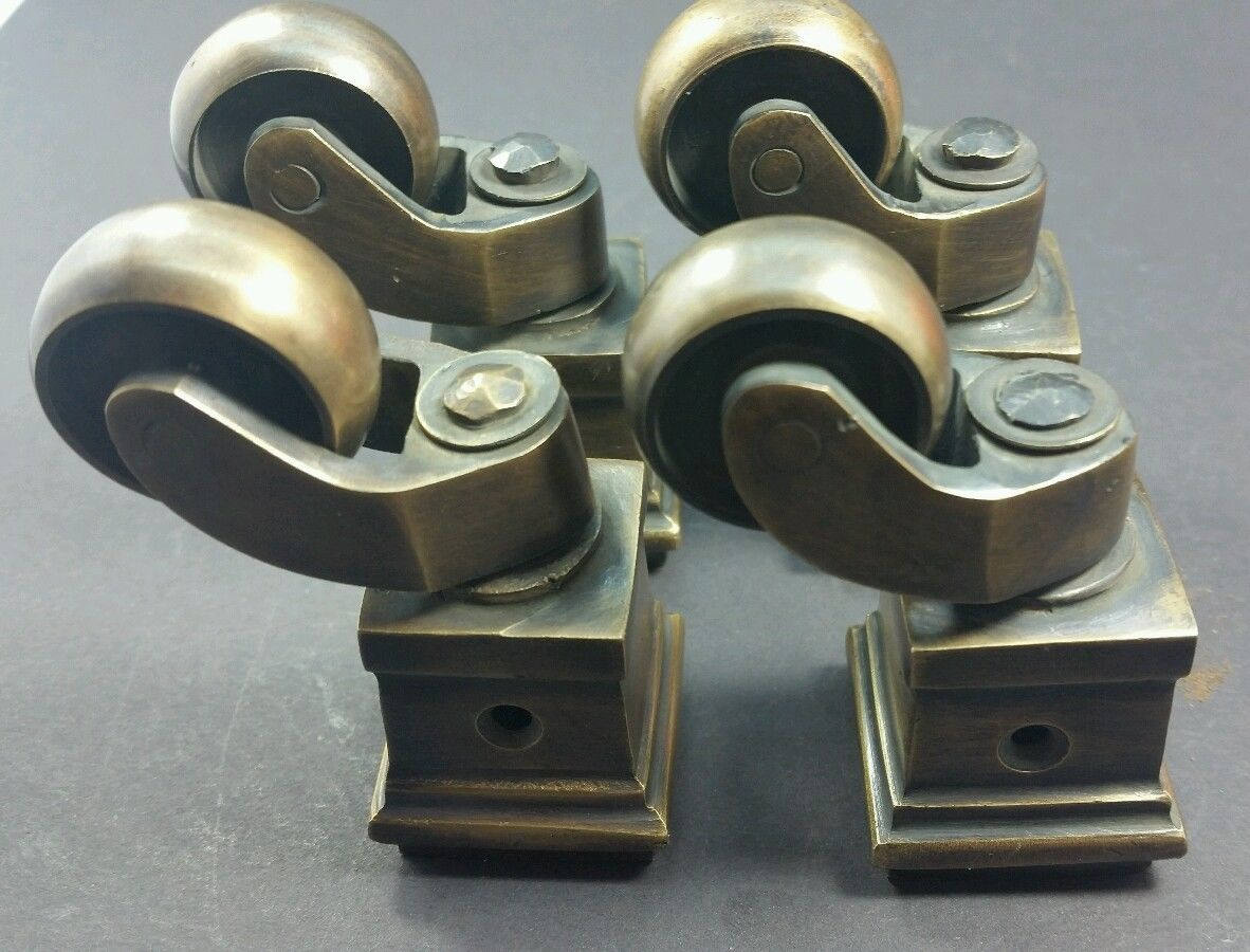 4 Vintage Solid Brass Strong Furniture Swivel Caster Wheels w Brass Square Leg Cap Industrial #W1
