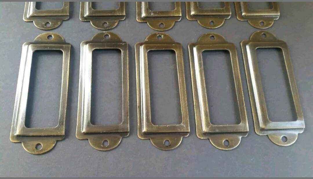 10 Antique brass vintage file cardholder label holders 3 1/2" x 1 5/16" #F4