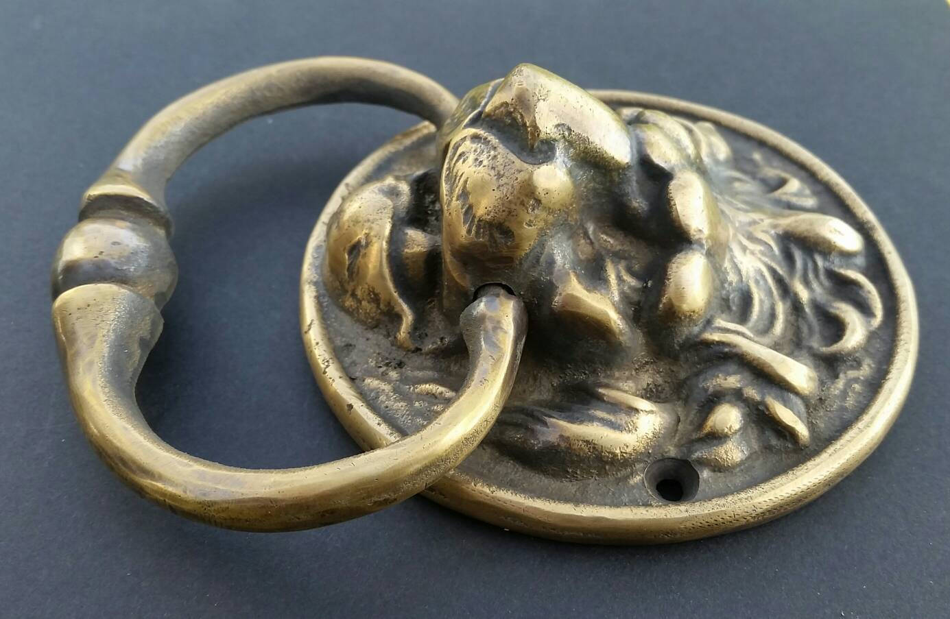 Large Unique Antique Vintage Style Brass Lion Head Door Knocker, Towel Ring 6" #D6
