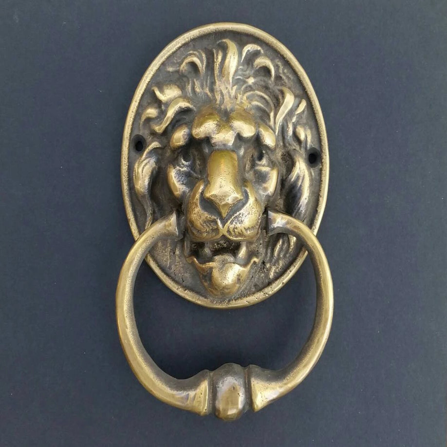 Large Unique Antique Vintage Style Brass Lion Head Door Knocker, Towel Ring 6" #D6
