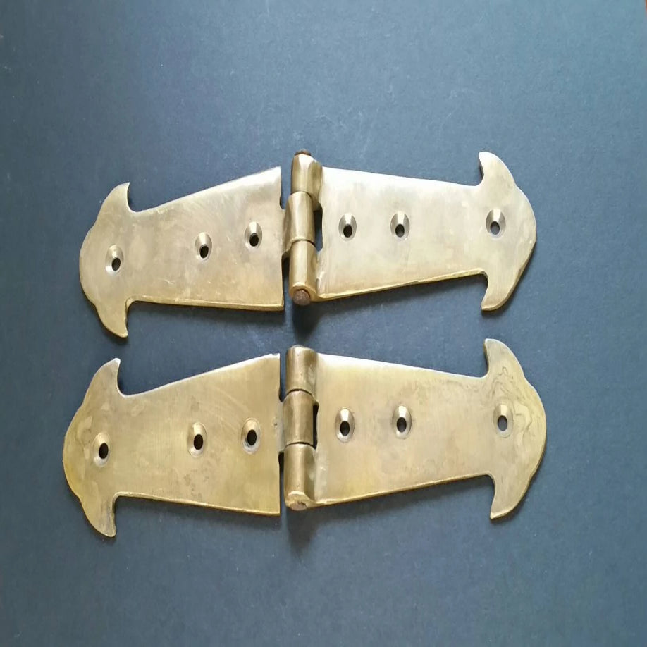 Salvage Antique Solid Brass Ornate Pair (2) Rustic Hinges Old Trunk Box , Cabinet Doors 6" long #X1