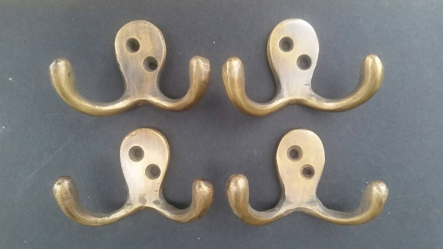 Set of 4 Small double Coat Hat Hooks Solid Brass 2 1/2" wide #C1