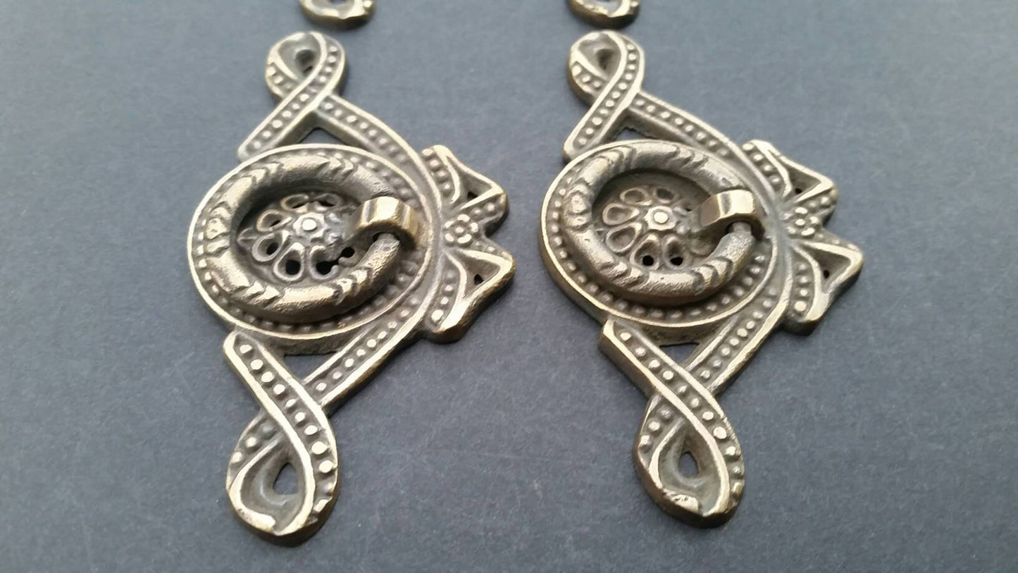 4 Antique Vintage Ornate Ribbon and Bow Brass Handles Pulls 3 5/16"w. #H22