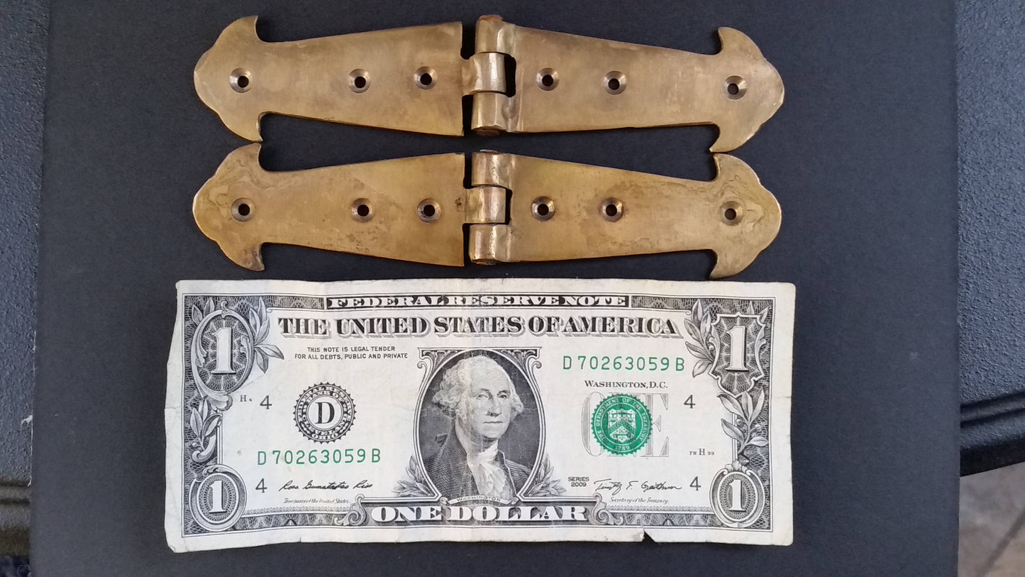 Salvage Antique Solid Brass Ornate Pair (2) Rustic Hinges Old Trunk Box , Cabinet Doors 6" long #X1