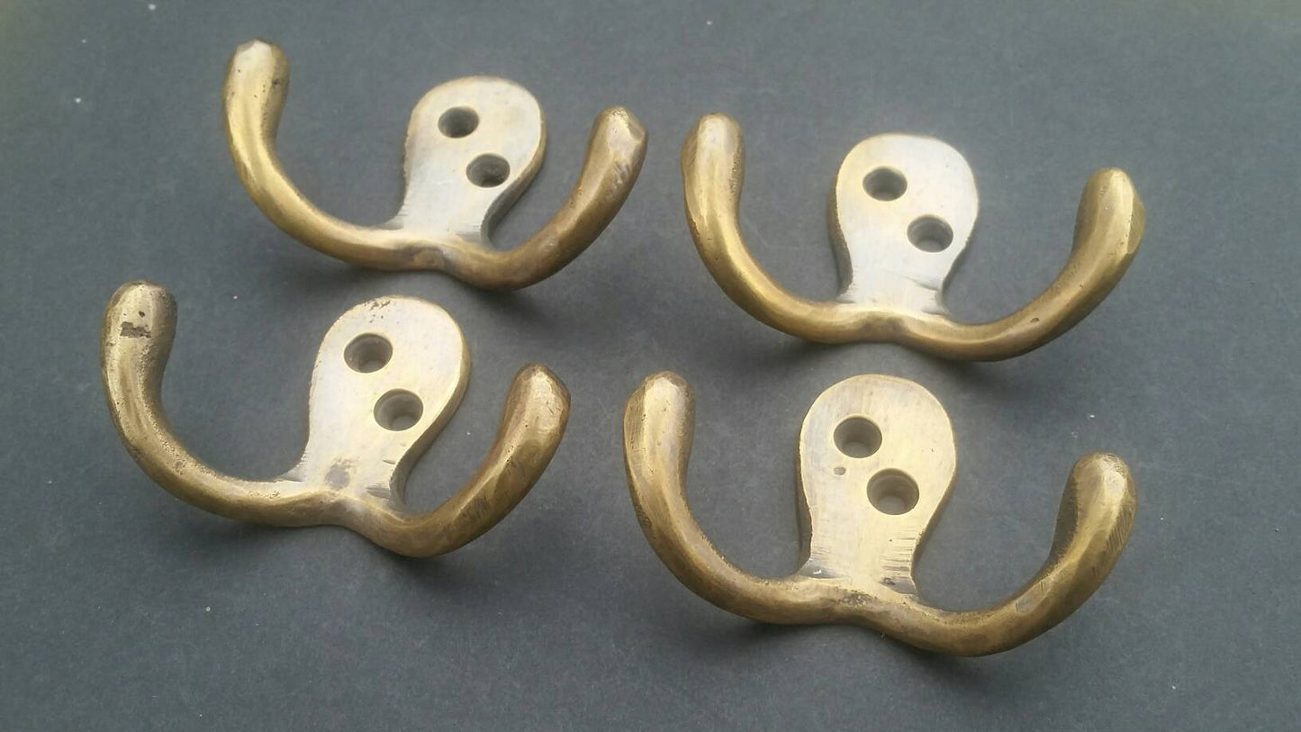 Set of 4 Small double Coat Hat Hooks Solid Brass 2 1/2" wide #C1