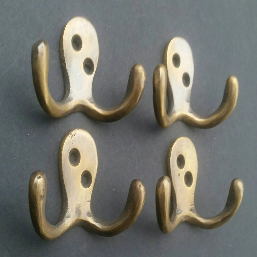 Set of 4 Small double Coat Hat Hooks Solid Brass 2 1/2" wide #C1