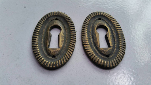 2 Antique Oval Brass Escutcheon ,Fancy Keyhole Cover,Door Locks,Drawer,French Country #E18
