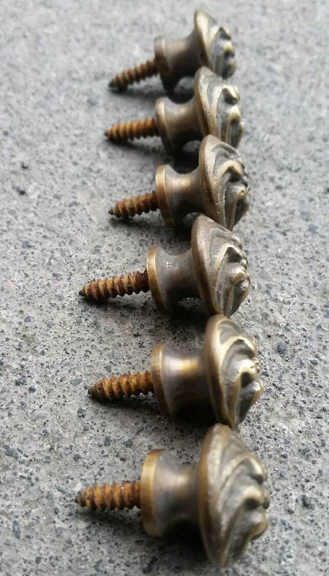 6 Solid Brass SMALL Floral Embossed Stacking Barrister Bookcase 5/8"dia Knobs drawer Pulls #K14