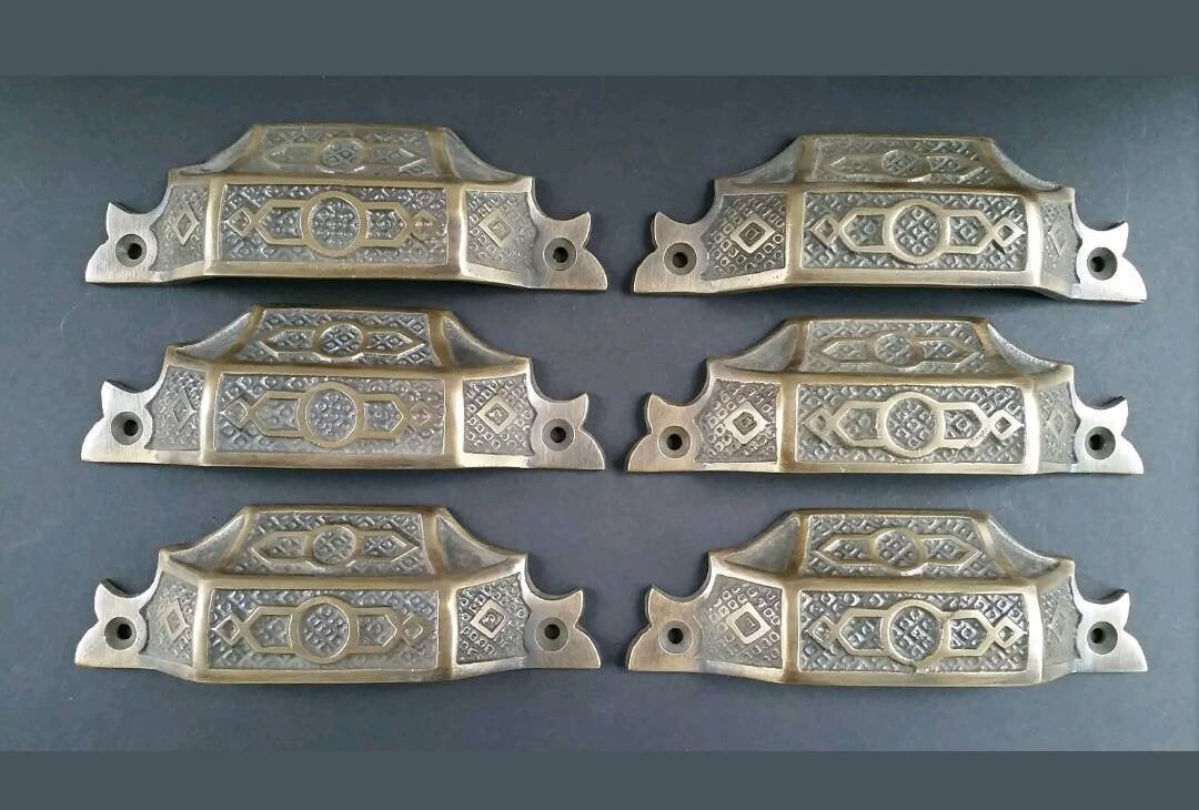 6 antique vintage brass Victorian Apothecary Bin Pull handles 4-9/16" #A6