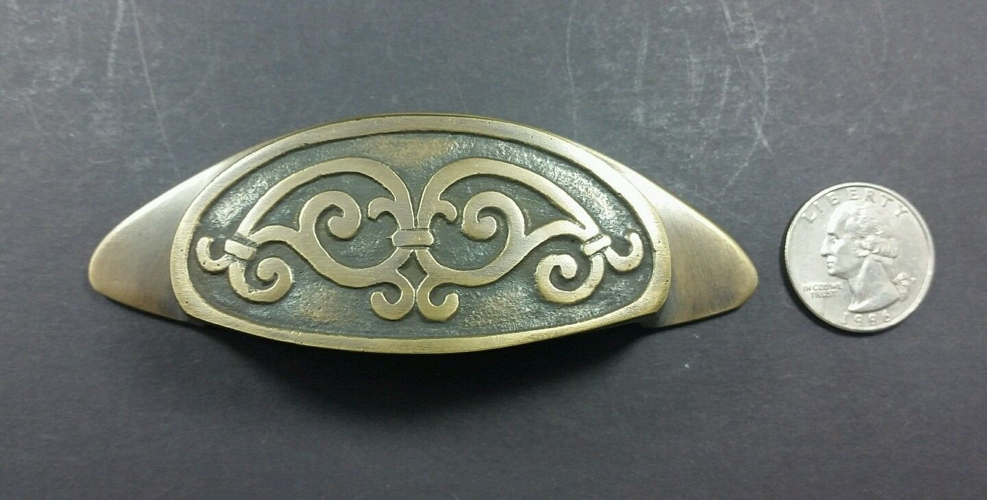 4 Solid Antique Style, Brass Apothecary Bin Cup Finger Pulls Handles 4"wide #A12