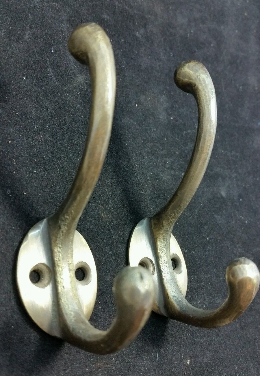 2 Solid Antique Brass Double Coat Hooks w. Oval Backplate 3 x 2