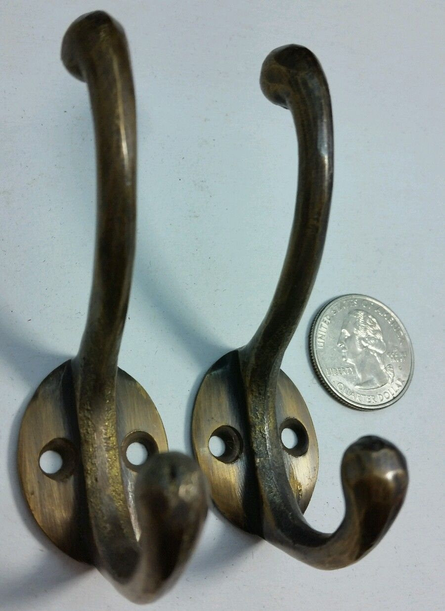 2 Solid Antique Brass Double Coat Hooks w. Oval Backplate 3" x 2" #C9
