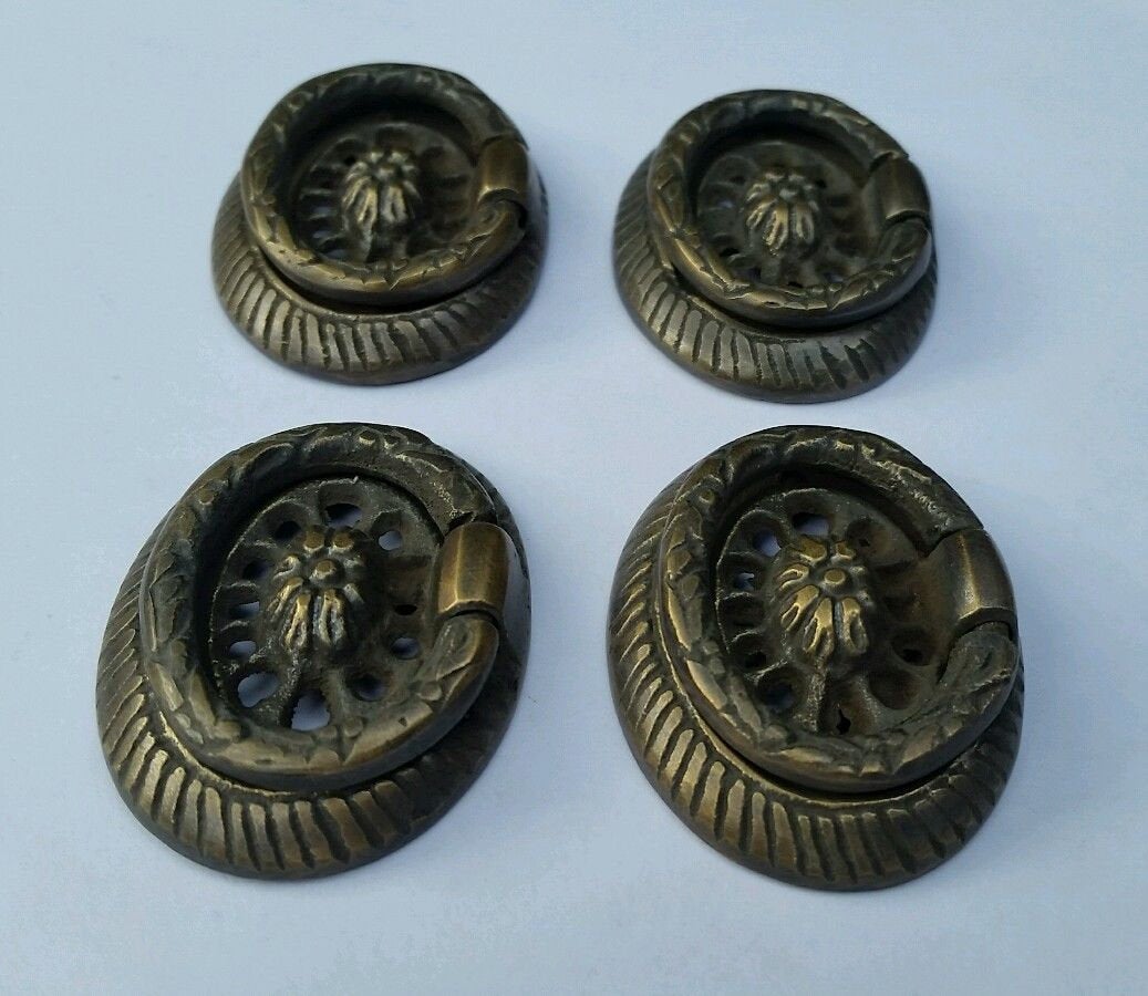 4 Detailed Oval Brass Handles ring pulls 1 3/4" wide Laurel Wreath and Ribbon #H24