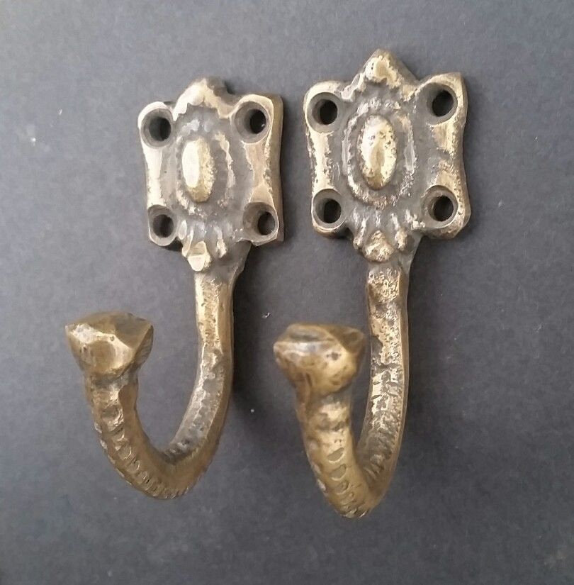 2 Single Coat Hat Hooks Unique Antique Style Ornate Backplate 2-1/2" long #C4