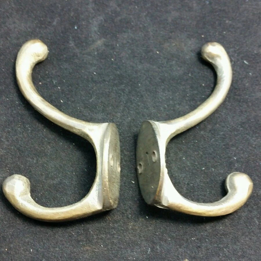 2 Solid Antique Brass Double Coat Hooks w. Oval Backplate 3" x 2" #C9