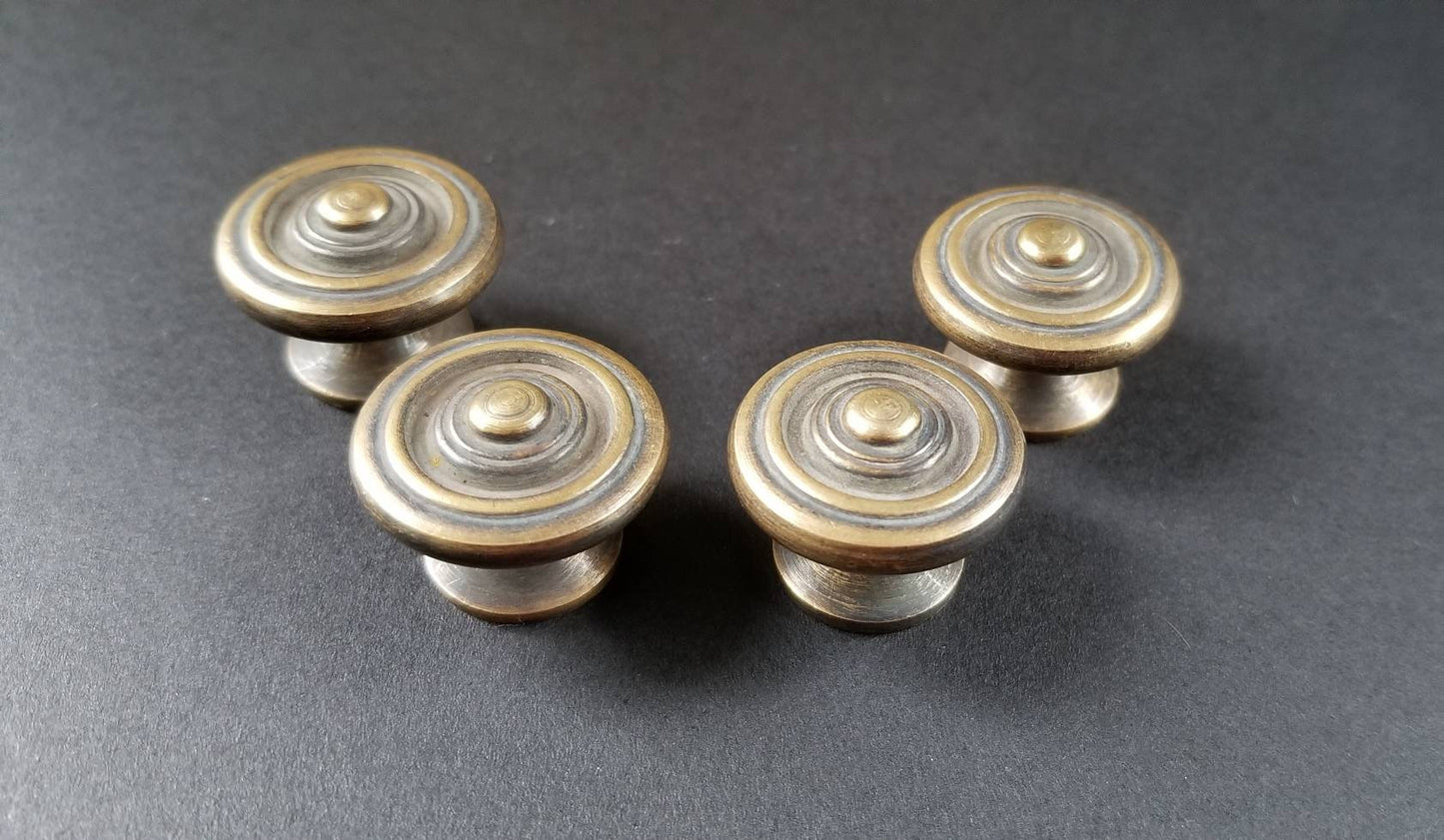 4 Ant. Vtg. Style Brass Simple Modern Round Knobs Handles Pulls 15/16"dia. #K20