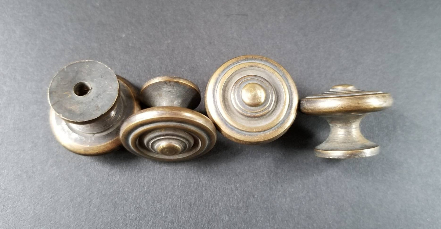 4 Ant. Vtg. Style Brass Simple Modern Round Knobs Handles Pulls 15/16"dia. #K20