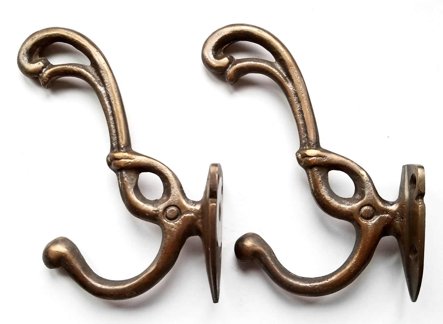 2 Rare Antique Style Brass Art Nouveau Coat Hooks Ornate double hooks #C14
