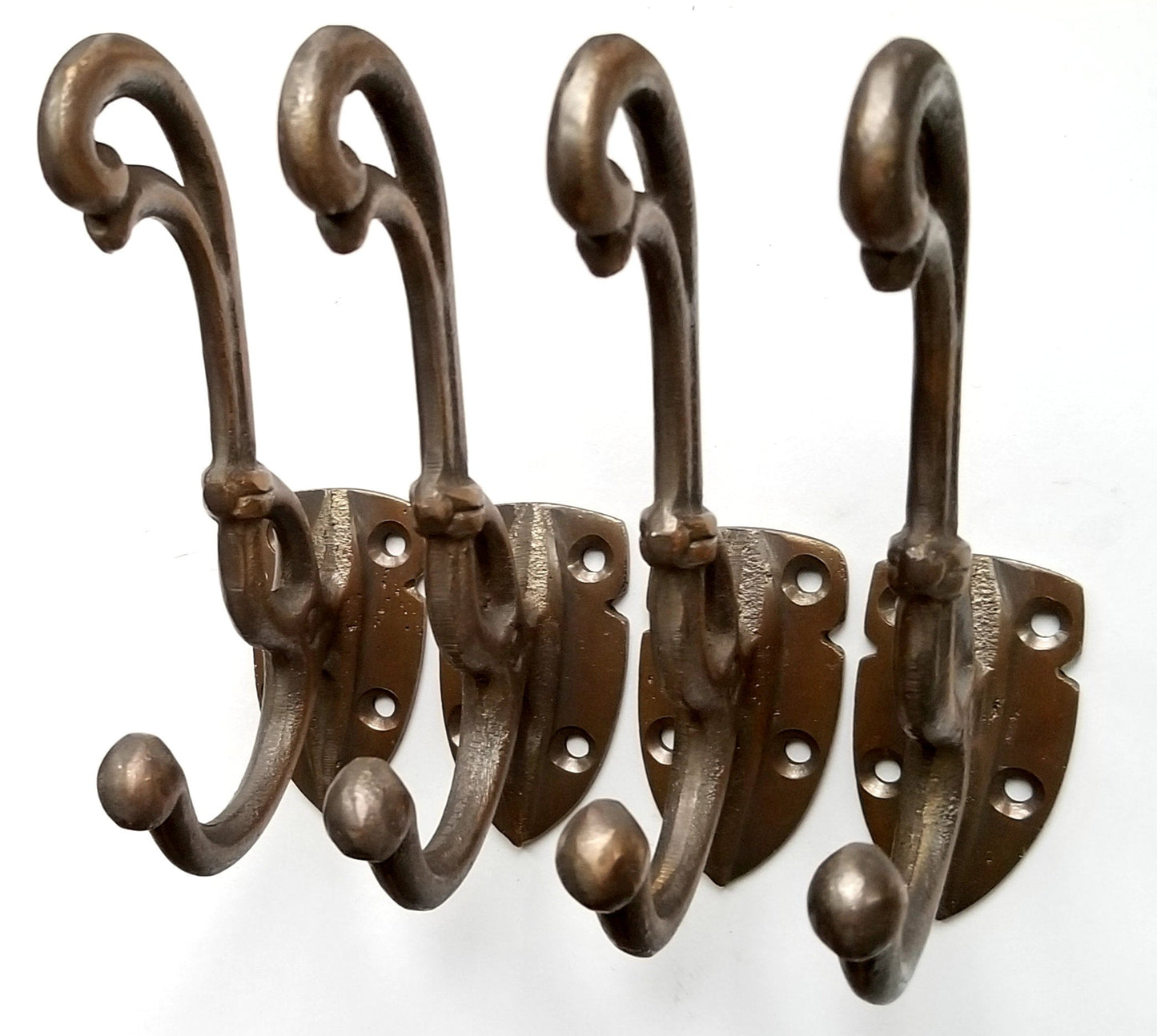 4 Rare Antique Style Brass Art Nouveau Coat Hooks Ornate Double Hooks approx 4-3/4" long #C14
