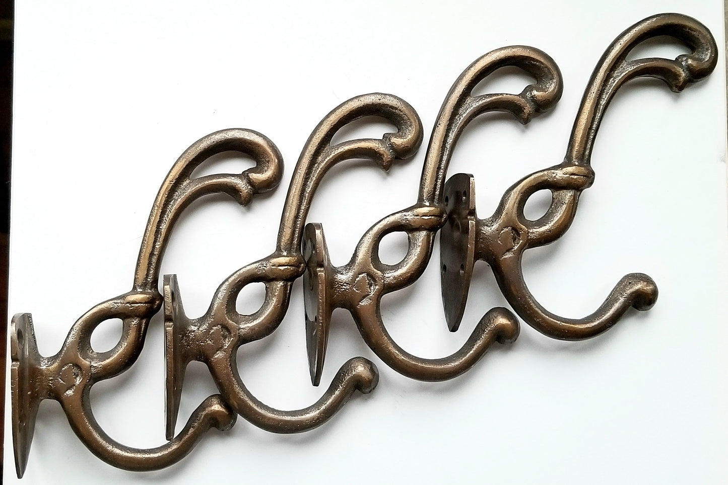 4 Rare Antique Style Brass Art Nouveau Coat Hooks Ornate Double Hooks approx 4-3/4" long #C14