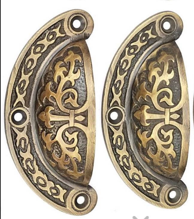 2 Antique Vintage Victorian style brass apothecary bin pull handles 3-7/16"wide #A5