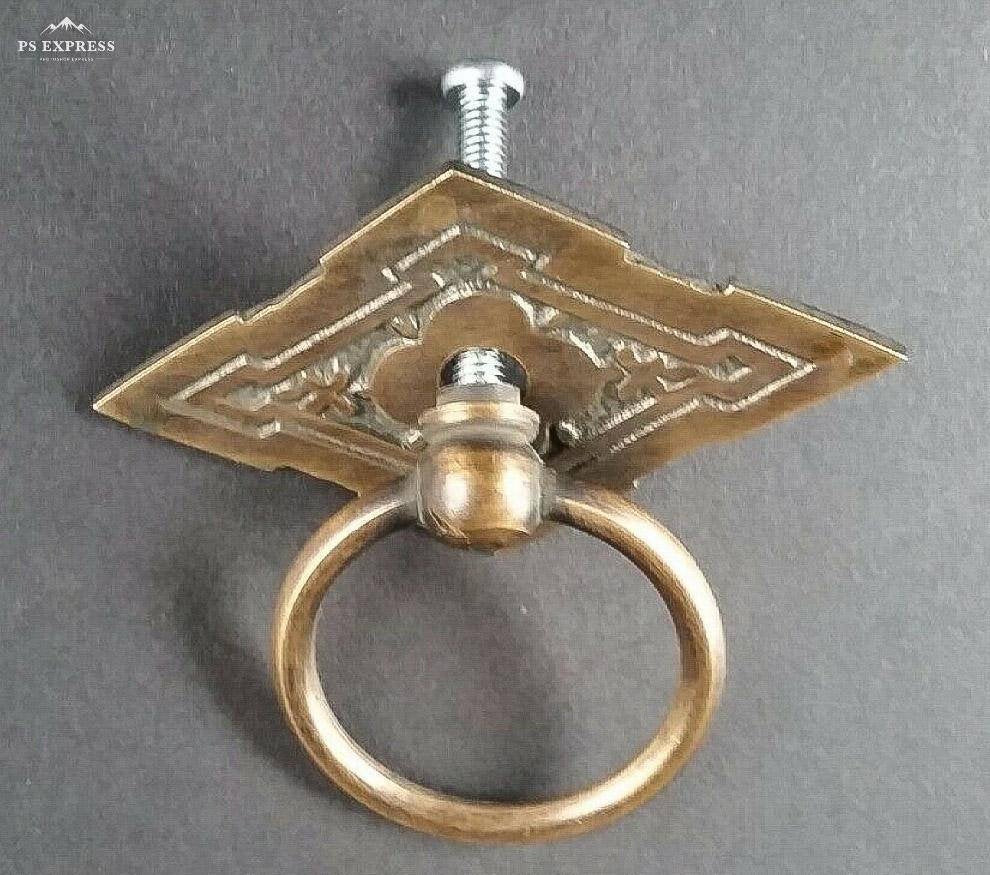 2 Eastlake Handles, Ring Pulls, Furniture Hardware, Diamond Backplate Brass Pulls 2-3/8" wide #H15