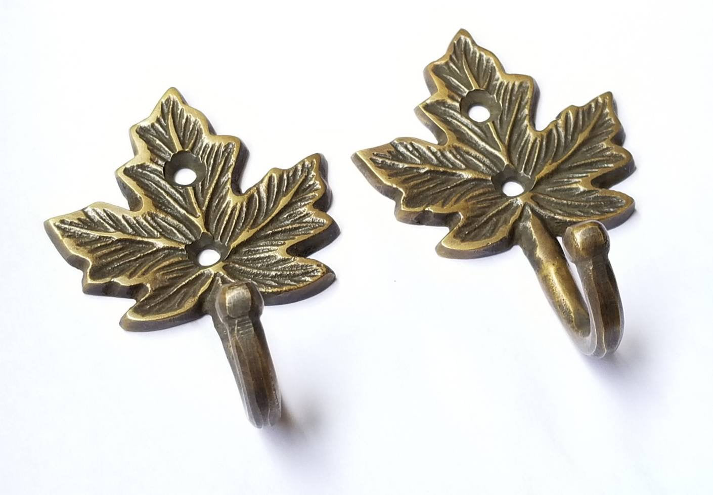 2 Single Maple Leaf Coat Hat Towel Hooks Rustic, Cabin Hooks 3" long #C18