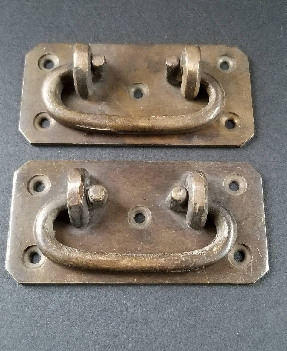 Lot/Set of 2 antique solid brass TRUNK PULL Drop Handle Trap Door Toolbox #P12