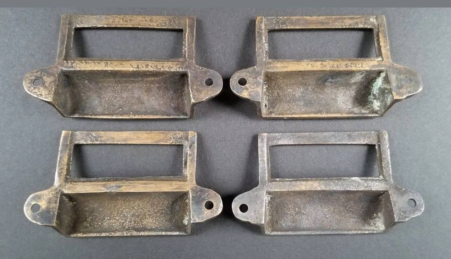 4 Antique Card File Cabinet Handle, File Label Holders w. Cup Bin Pull Handles, Organizing #A17