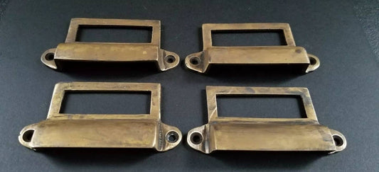 4 Antique Card File Cabinet Handle, File Label Holders w. Cup Bin Pull Handles, Organizing #A17